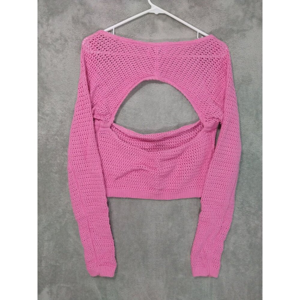 American Eagle Sweater Womens Large Pink Crop Crochet Cotton Long Sleeve Barbie - Picture 2 of 7